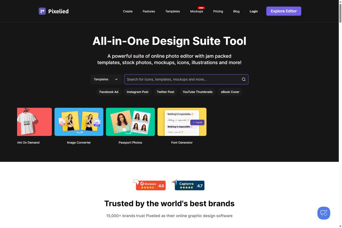 Pixelied all-in-one design suite homepage 2026