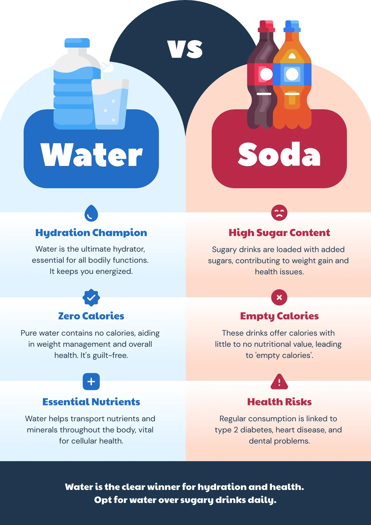 a tall comparison poster divided into two halves, the upper portion features two overlapping semicircles, a light blue one on the left showcasing a blue water bottle and a glass, and a dusty pink one on the right showing two illustrated soda bottles in brown and orange tones, a dark navy circle centered between them displays the letters vs in white bold text, blue and red rounded labels beneath each semicircle identify the two drinks, the lower body is split into matching columns with a light blue left side and a light pink right side, each column presents three comparison points using icons and short paragraphs, the water column highlights hydration champion, zero calories, and essential nutrients with positive check and plus icons, the soda column counters with high sugar content, empty calories, and health risks alongside frown and warning icons, a dark navy footer at the bottom reads water is the clear winner for hydration and health, opt for water over sugary drinks daily