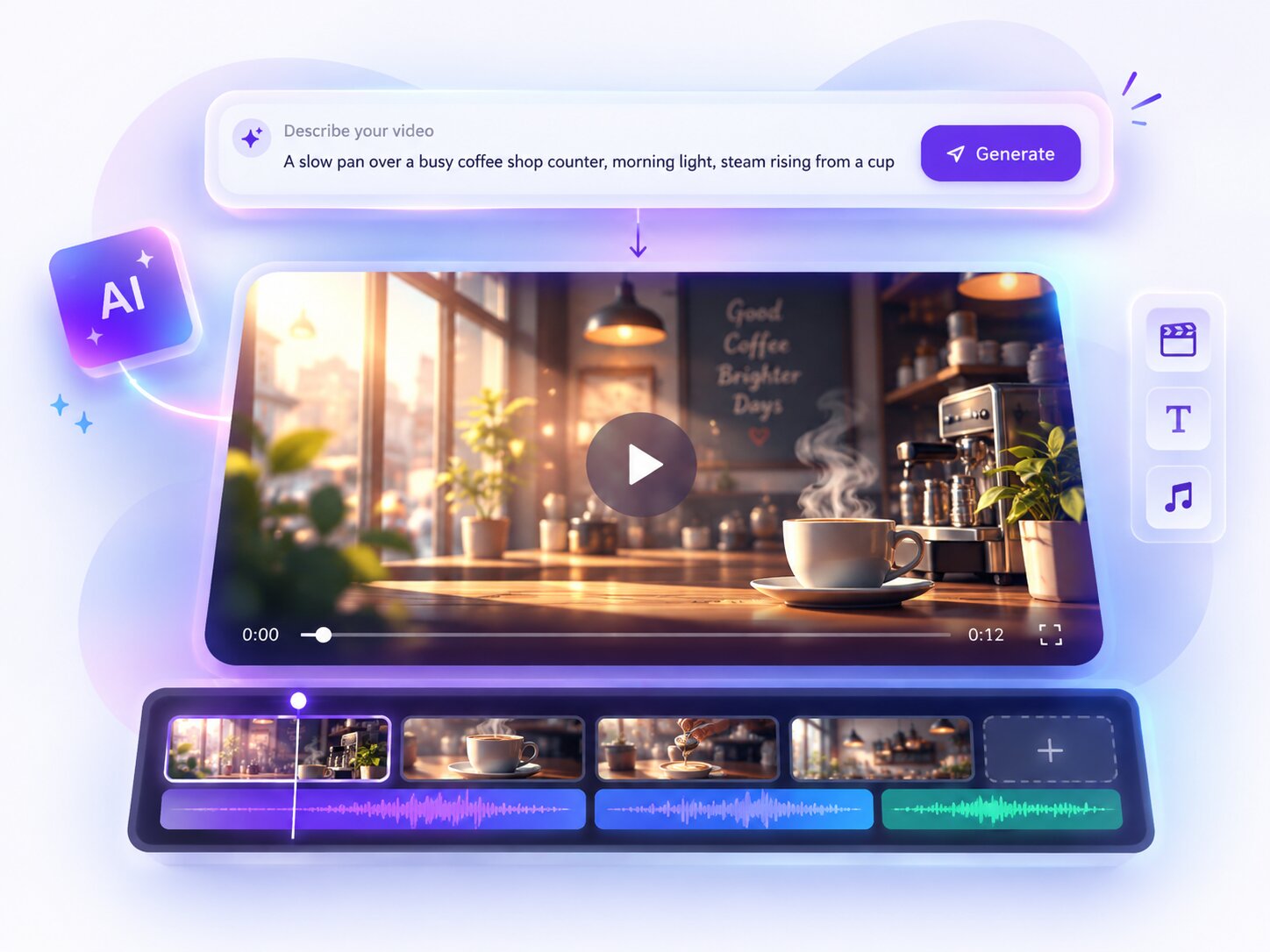 Piktochart AI video generator turning a text prompt into a video clip on a timeline
